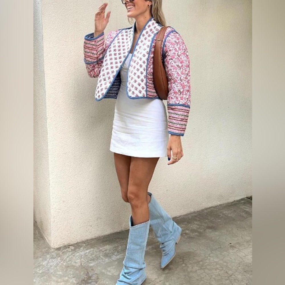 Cropped Puffer Jacket Stand Collar Floral Printed Open Front Quilted Lightweight - Picture 6 of 15